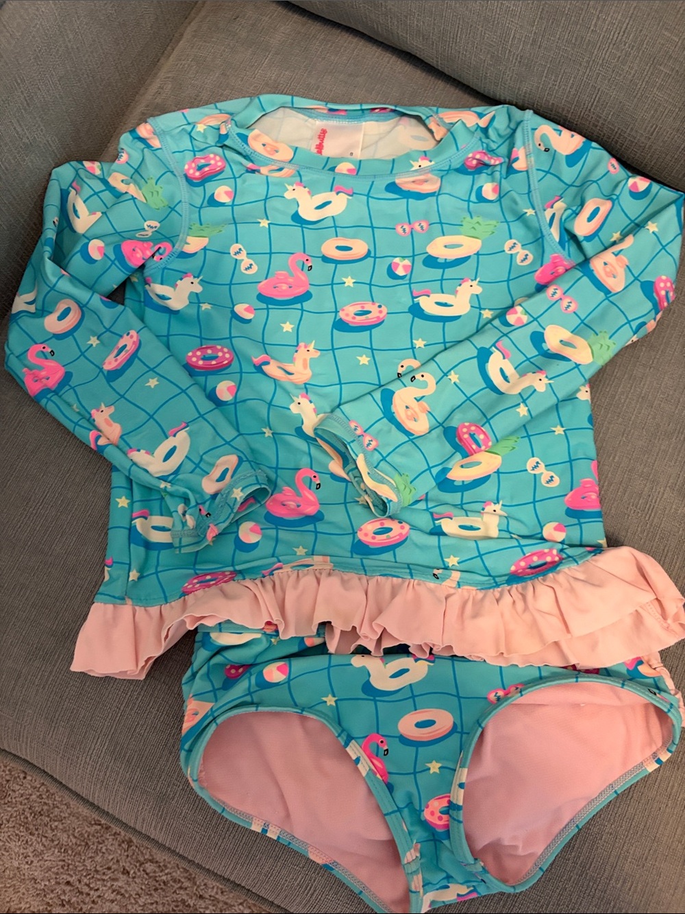 Rufflebutts Kids Long Sleeve Swim Set - Aqua Pool Float Print with Pink Ruffle